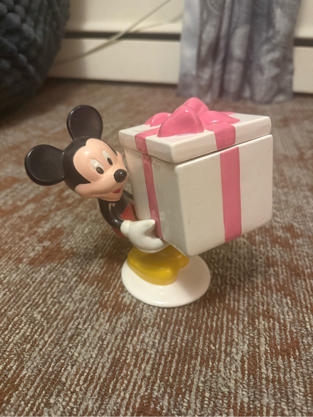 Disney Mickey Mouse Figurine with White Gift Box and Pink Ribbon